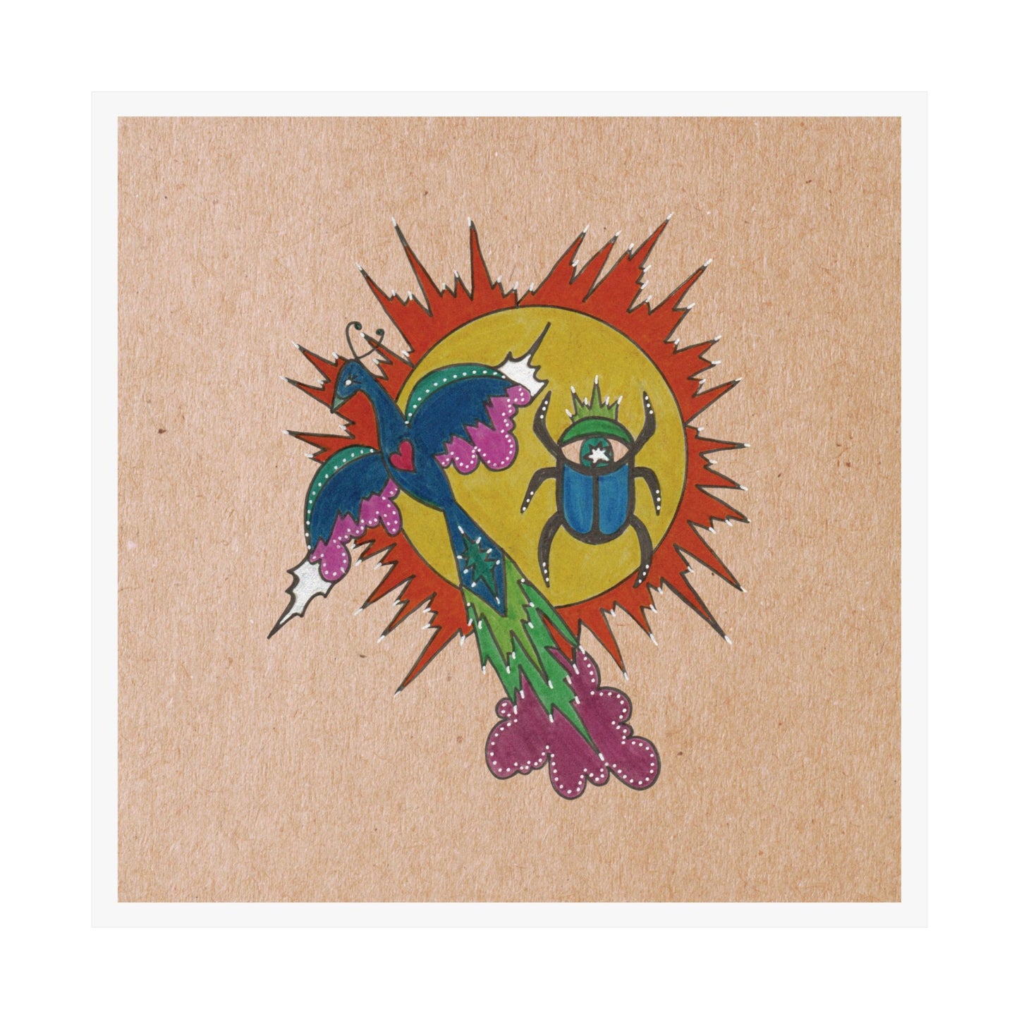 Integrate to Radiate – Symbolic Sun Scarab and Peacock Cosmic Art Print