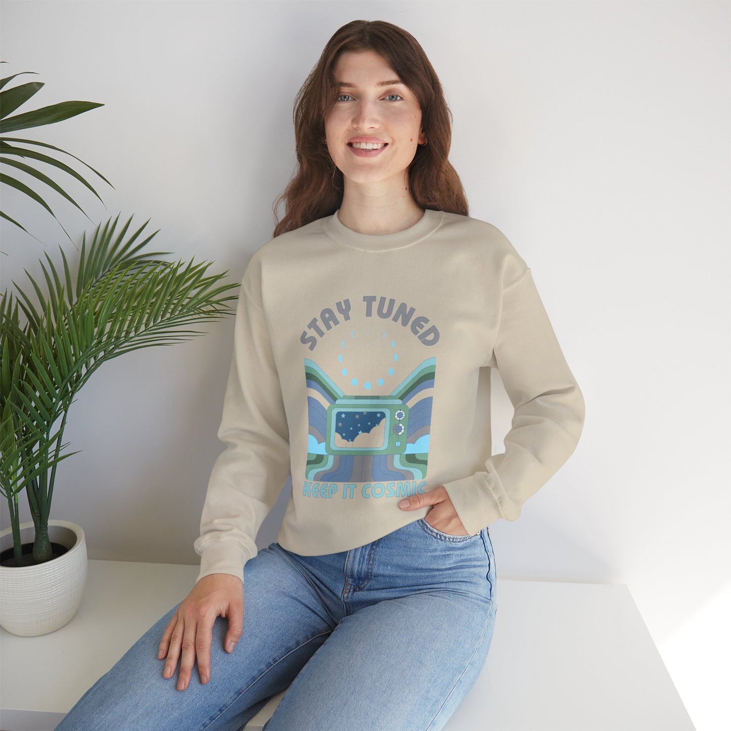 Stay Tuned Moon Phase Retro Sweatshirt - Earthglow Celestial Crewneck