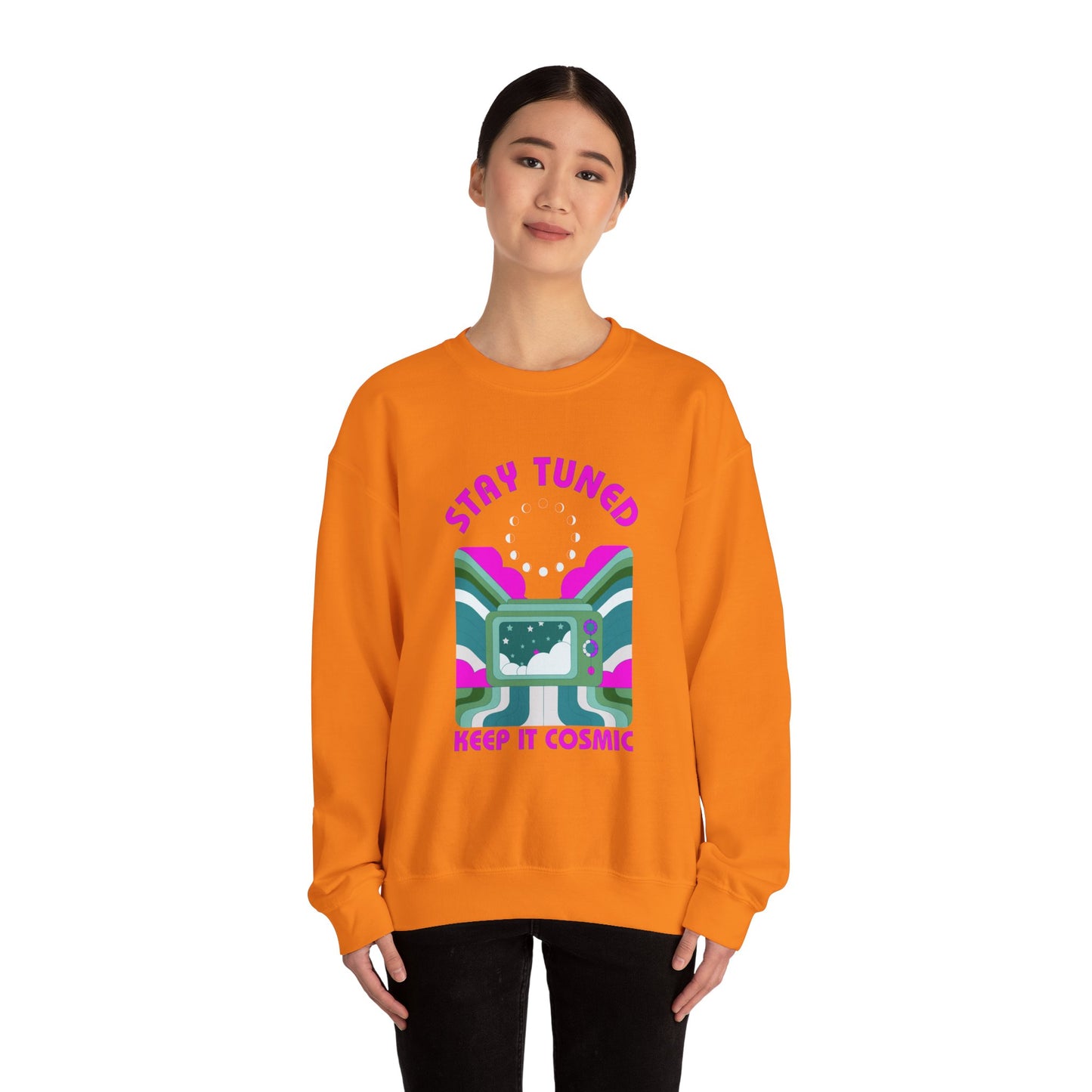 Stay Tuned Moon Phase Retro Sweatshirt - Dayglow Celestial Crewneck