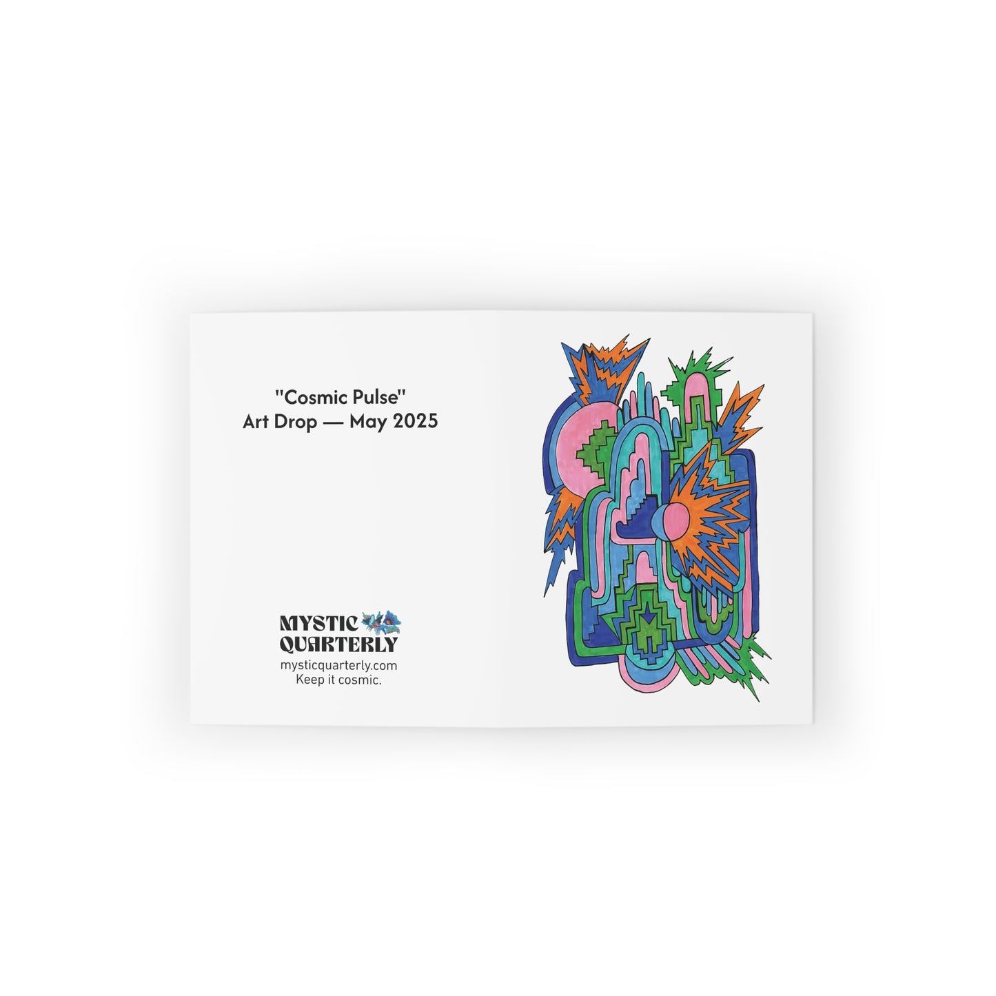 Interior and exterior design of Cosmic Pulse greeting card – Mystic Quarterly