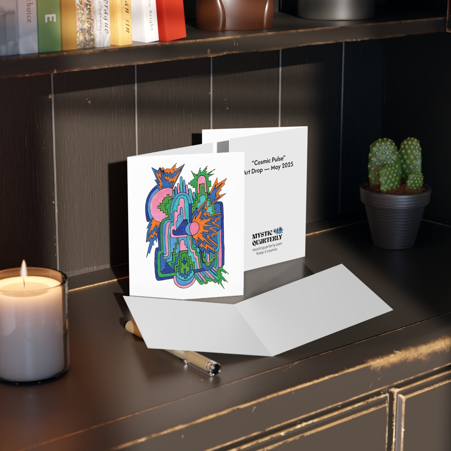 Interior and exterior design of Cosmic Pulse card – Mystic Quarterly