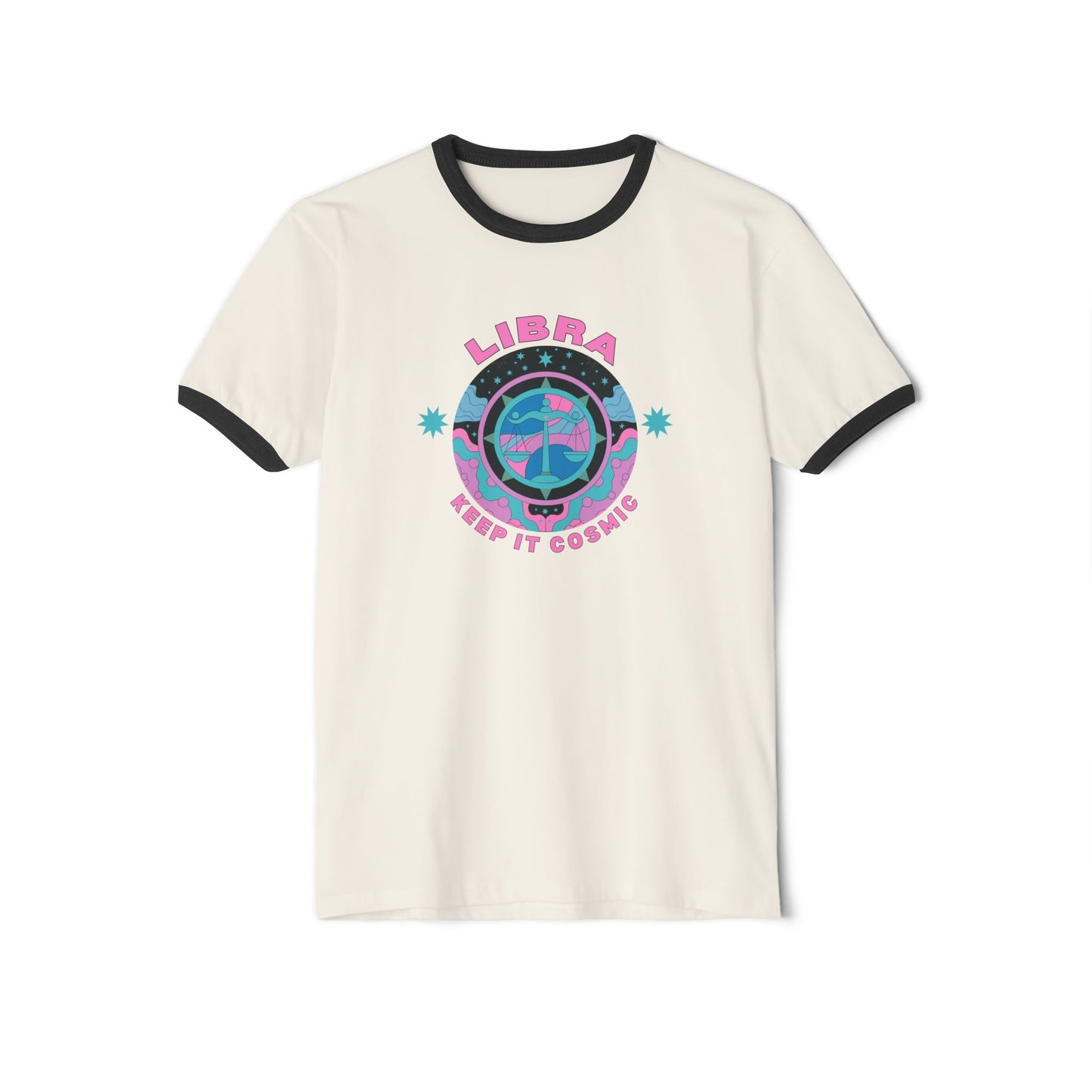 Keep it Cosmic Retro Ringer Tee — Libra Zodiac | Front Flat Lay