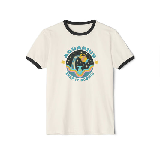 Aquarius Retro Ringer Tee — Zodiac Sign unisex tshirt Front Flat Lay