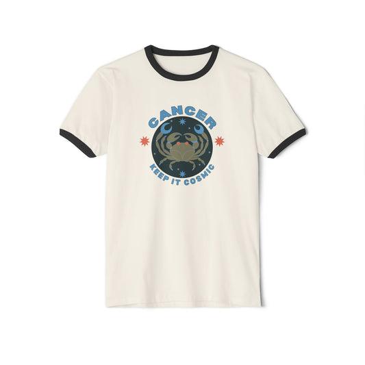 Keep it Cosmic Retro Ringer Tee — Cancer Zodiac | Front Flat Lay