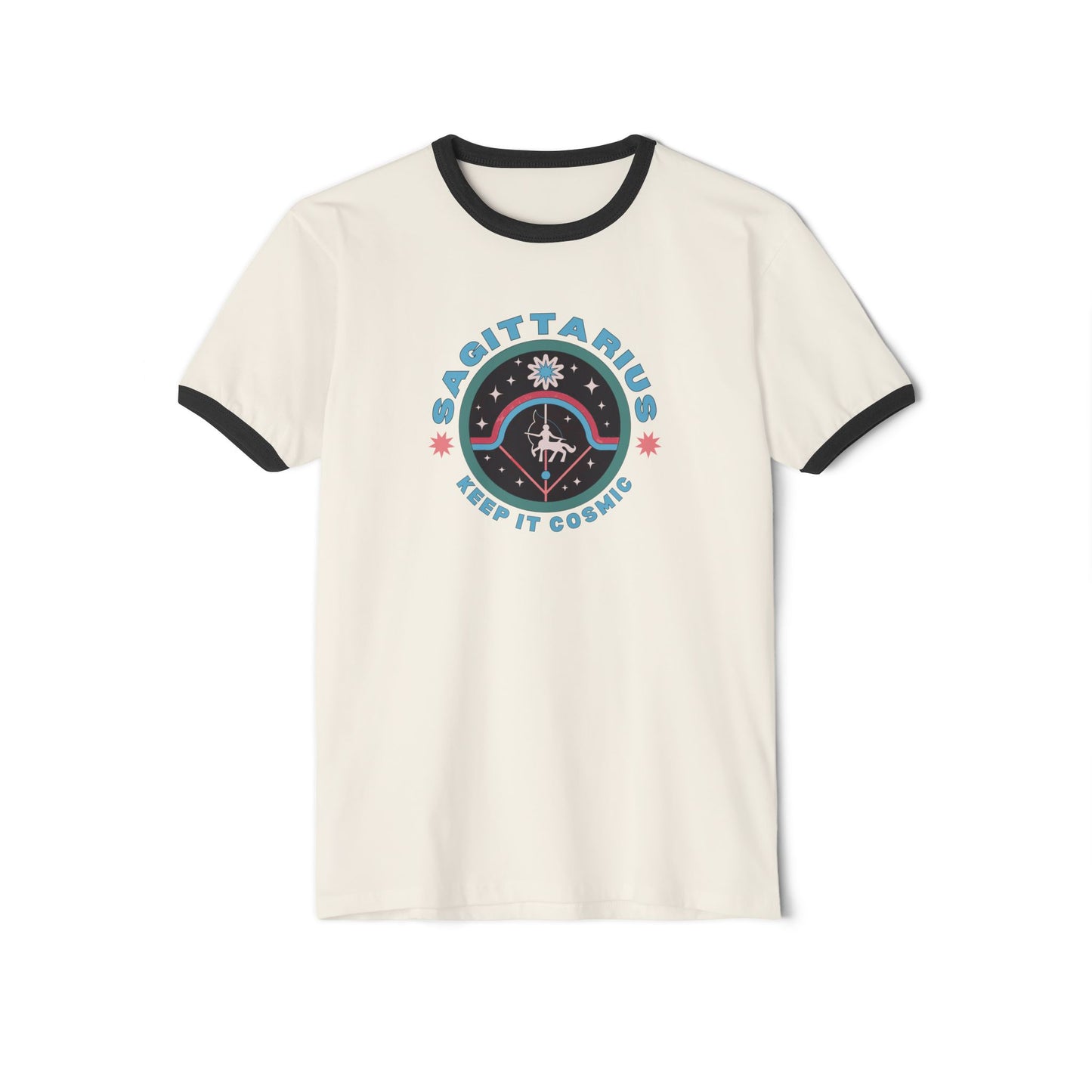 Sagittarius Retro Ringer Tee — Sagittarius Zodiac Sign T-shirt by Mystic Quarterly Front Flat Lay