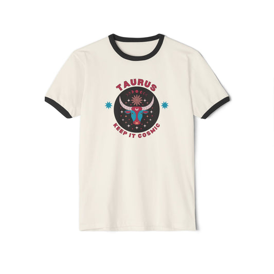 Keep it Cosmic Retro Ringer Tee — Taurus Zodiac | Front Flat Lay