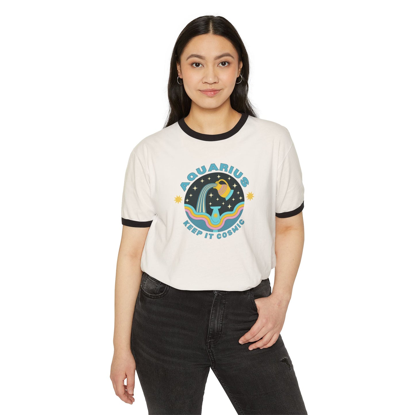 Keep it Cosmic Retro Ringer Tee — Aquarius Zodiac | Model 1