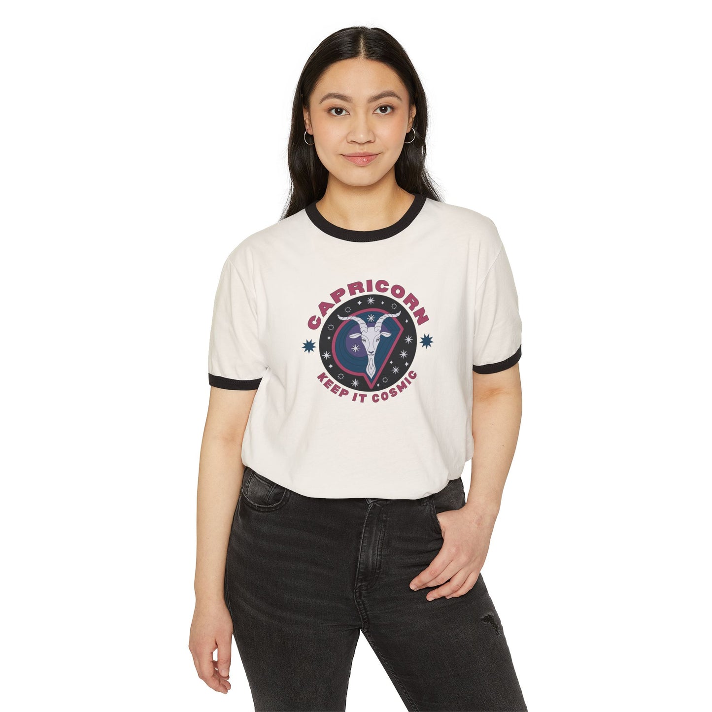 Keep it Cosmic Retro Ringer Tee — Capricorn Zodiac | Model 1
