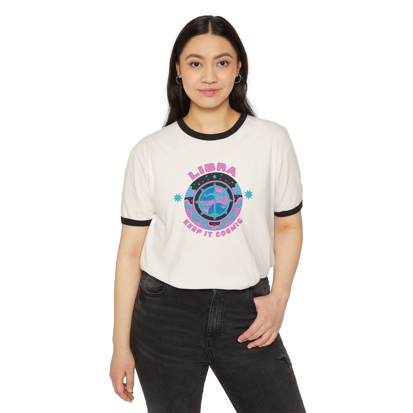 Keep it Cosmic Retro Ringer Tee — Libra Zodiac | Model 1