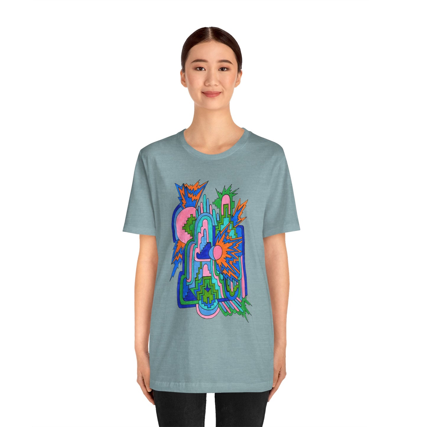 Cosmic Pulse Moon Drop Tee in Heather Blue Lagoon — Mystic Quarterly unisex t-shirt featuring intuitive lunar art print design