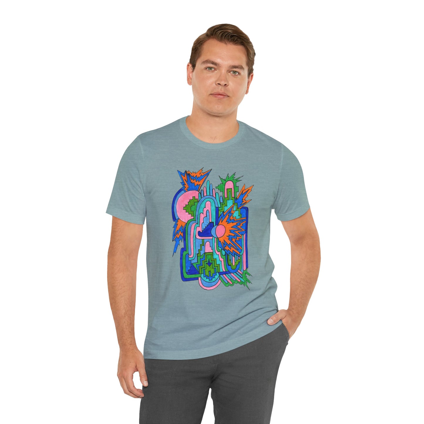 Cosmic Pulse Moon Drop Tee in Heather Blue Lagoon — Mystic Quarterly unisex t-shirt featuring intuitive lunar art print design