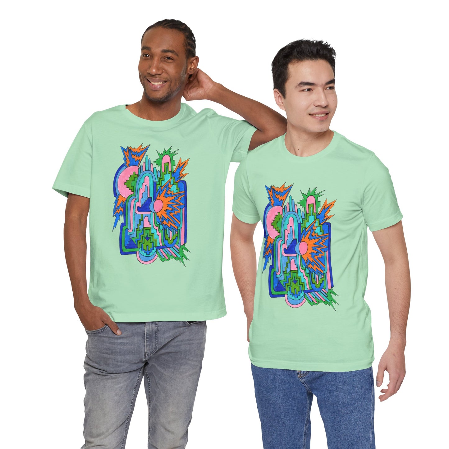 Cosmic Pulse Moon Drop Tee in Mint — Mystic Quarterly unisex t-shirt featuring intuitive lunar art print design