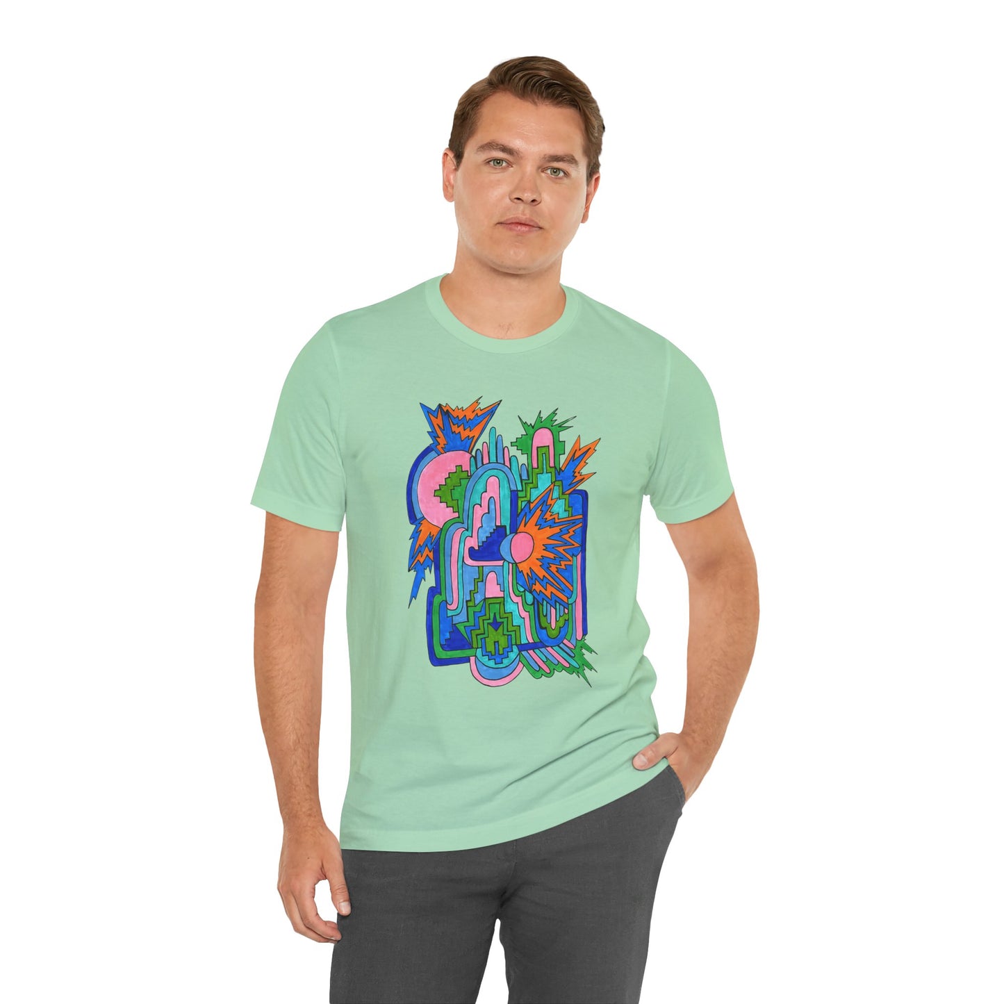 Cosmic Pulse Moon Drop Tee in Mint — Mystic Quarterly unisex t-shirt featuring intuitive lunar art print design