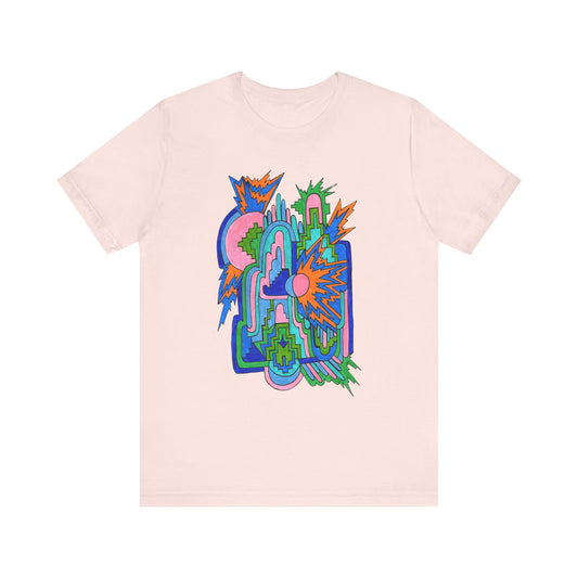 Cosmic Pulse Moon Drop Tee in Soft Pink — Mystic Quarterly unisex t-shirt featuring intuitive lunar art print design