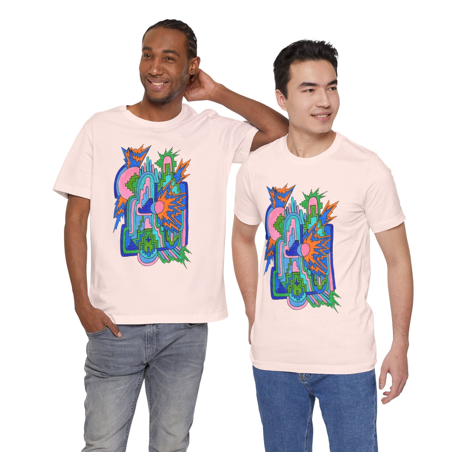 Cosmic Pulse Moon Drop Tee in Soft Pink — Mystic Quarterly unisex t-shirt featuring intuitive lunar art print design