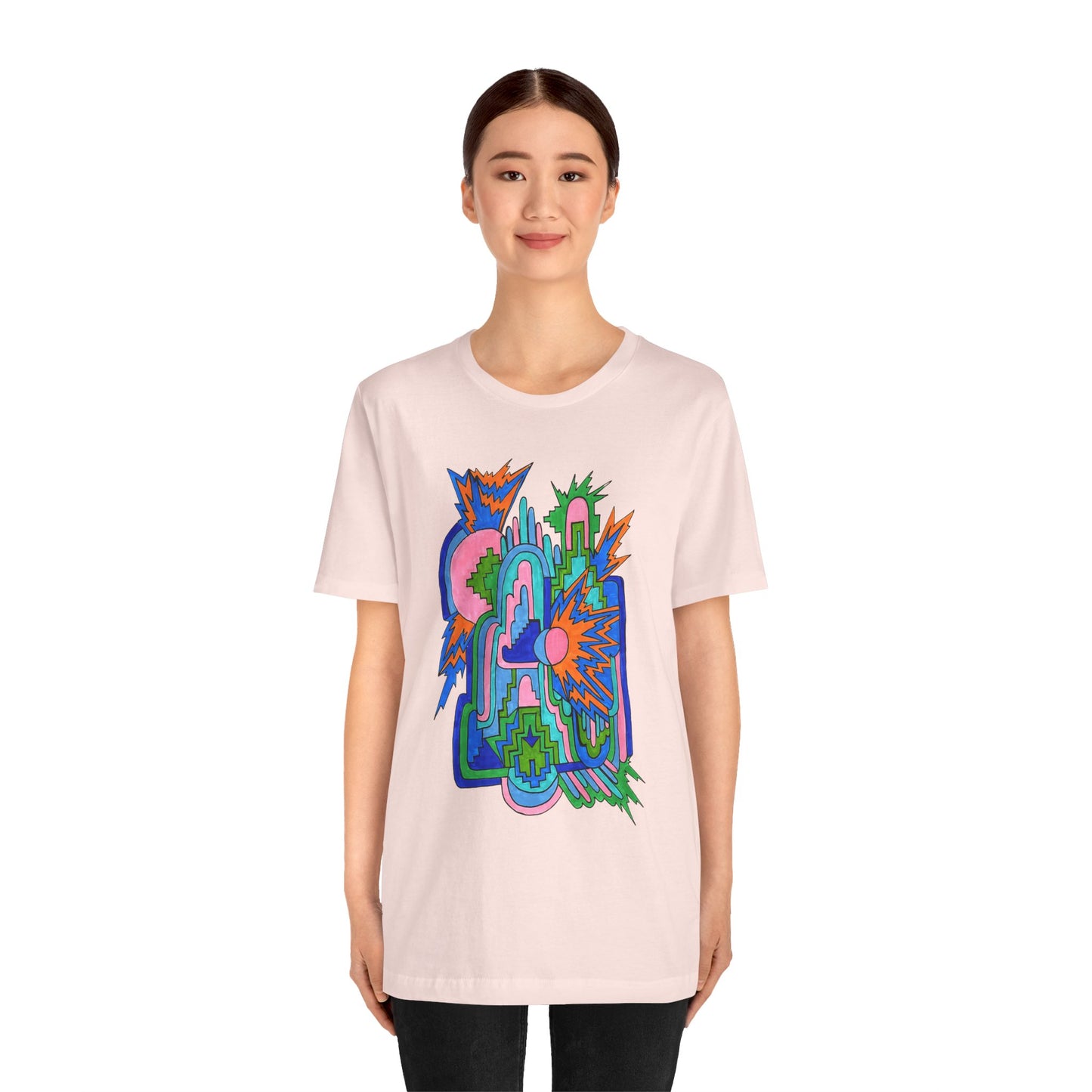 Cosmic Pulse Moon Drop Tee in Soft Pink — Mystic Quarterly unisex t-shirt featuring intuitive lunar art print design