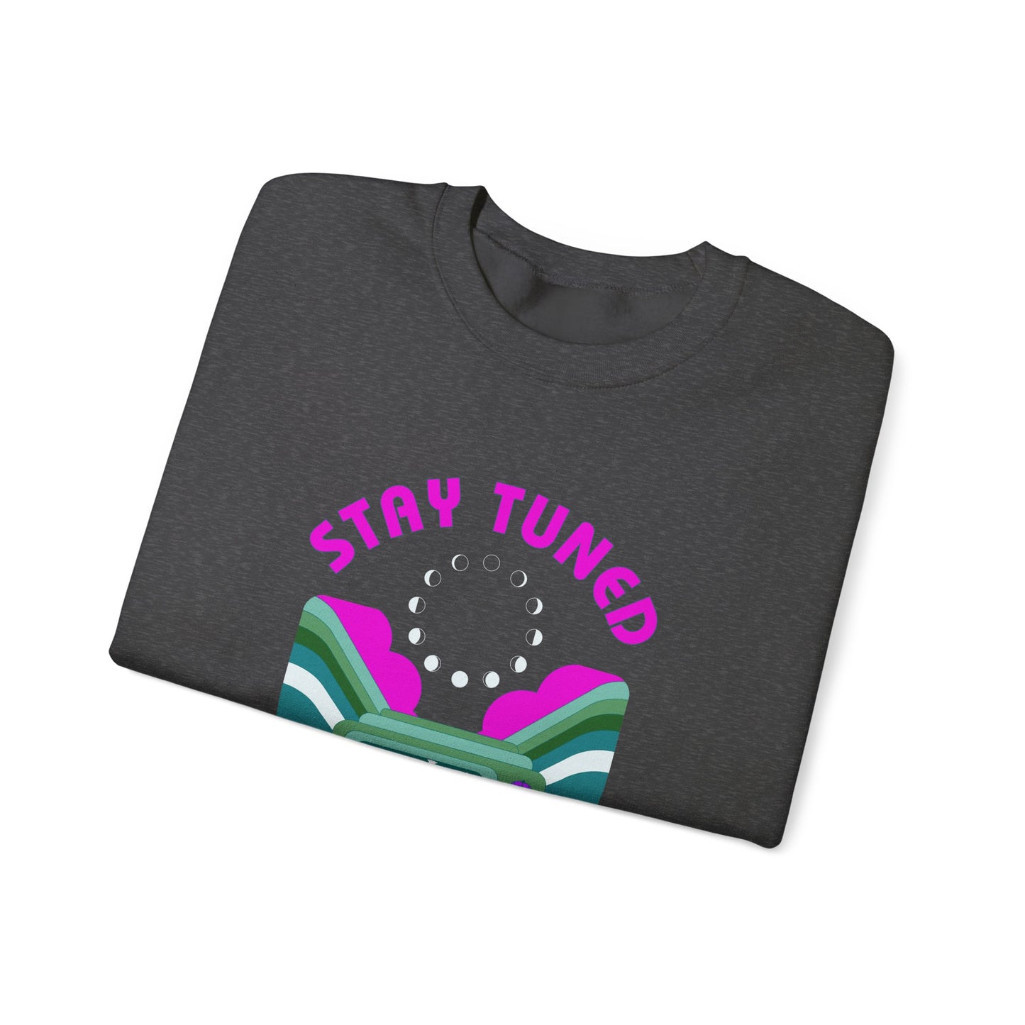 Stay Tuned Moon Phase Retro Sweatshirt - Dayglow Celestial Crewneck