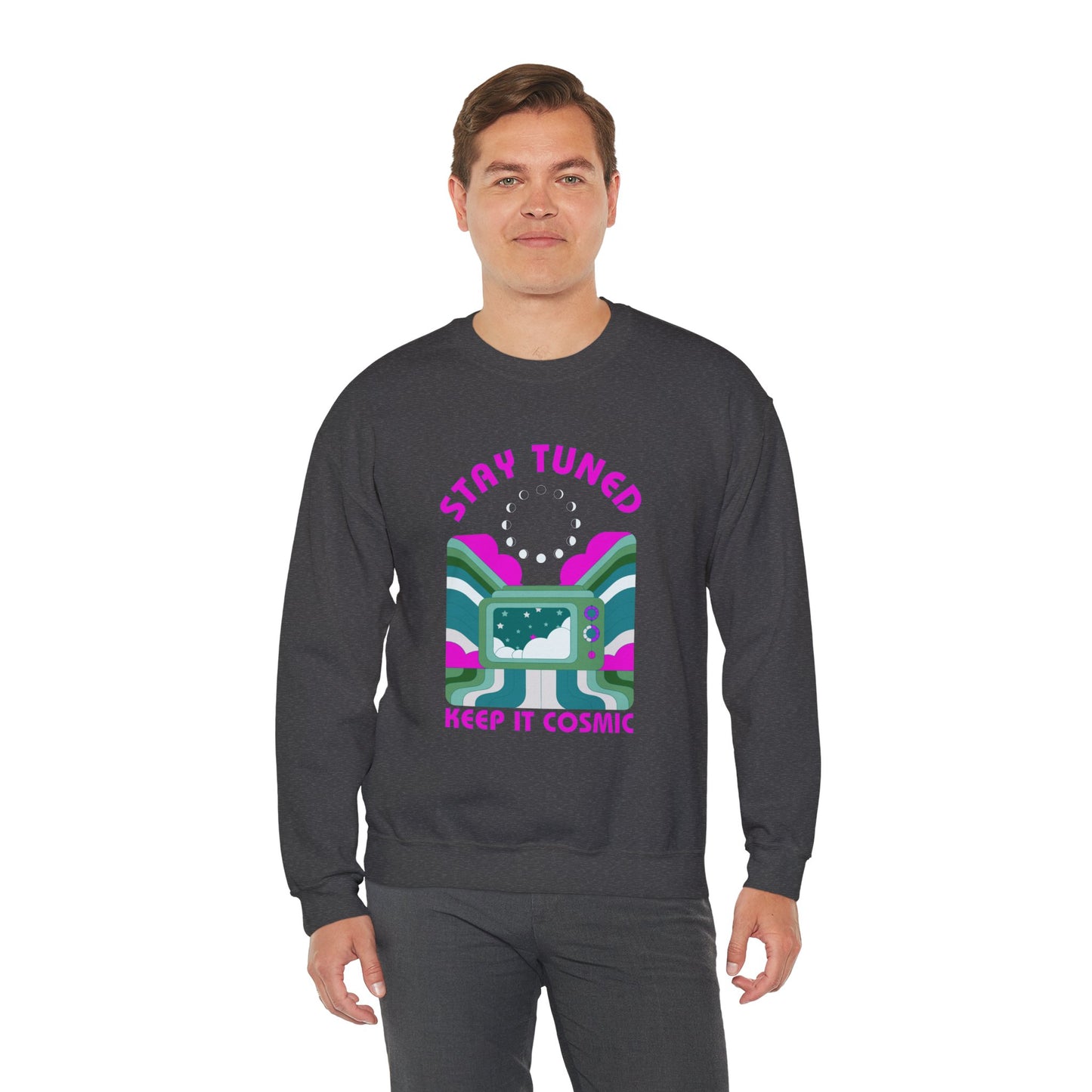 Stay Tuned Moon Phase Retro Sweatshirt - Dayglow Celestial Crewneck