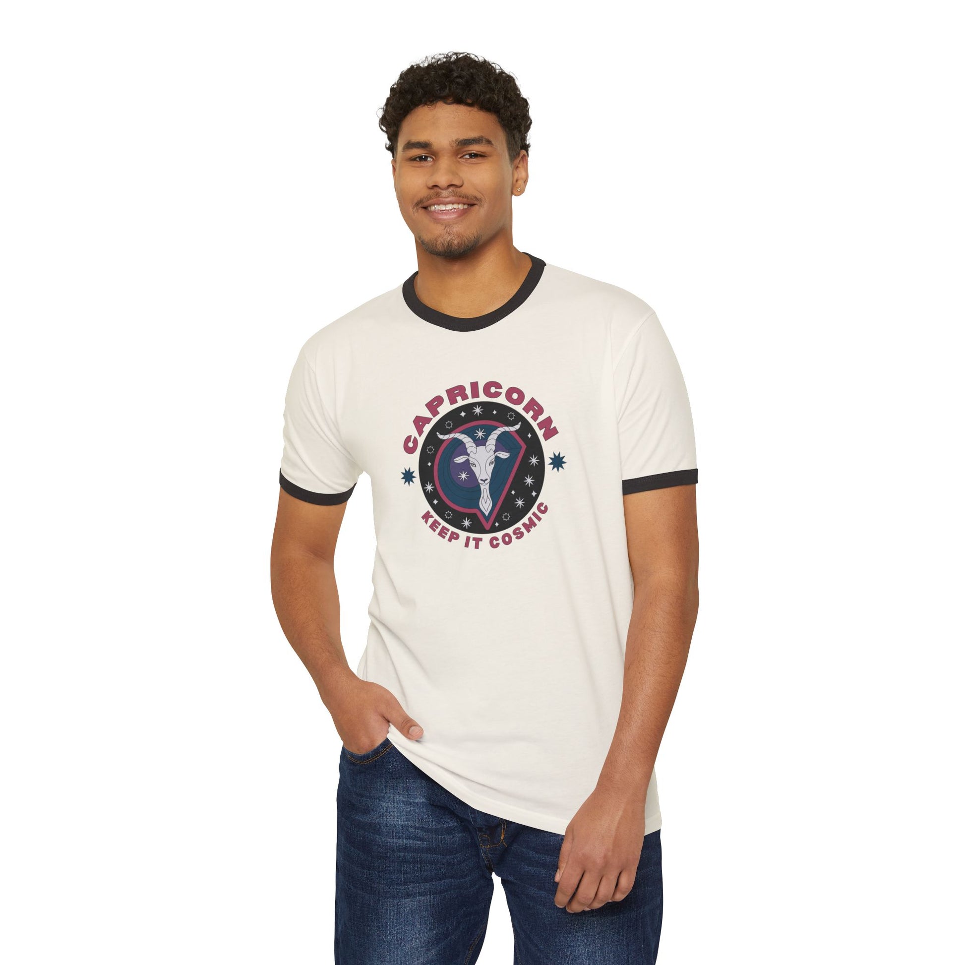 Keep it Cosmic Retro Ringer Tee — Capricorn Zodiac | Model 2
