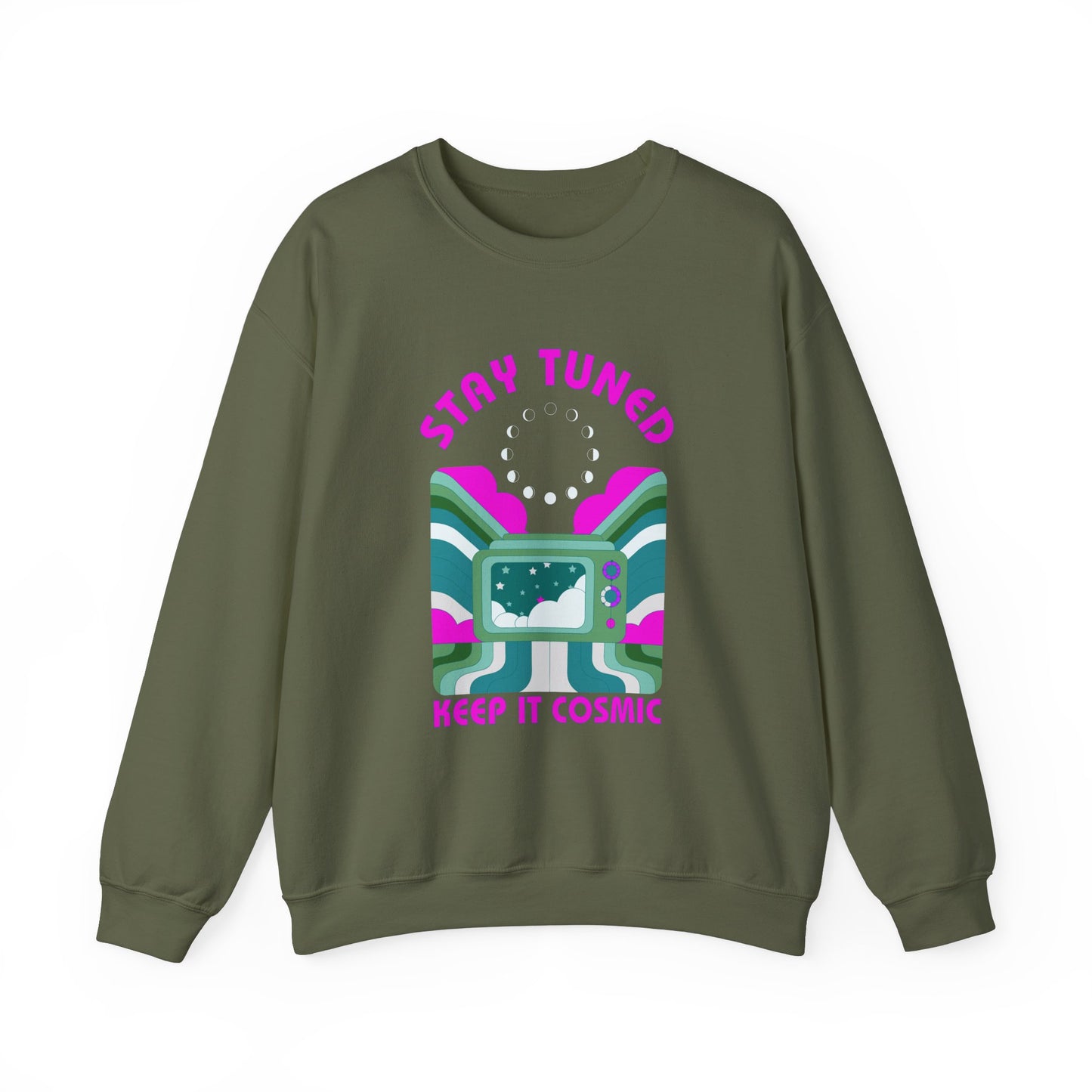 Stay Tuned Moon Phase Retro Sweatshirt - Dayglow Celestial Crewneck