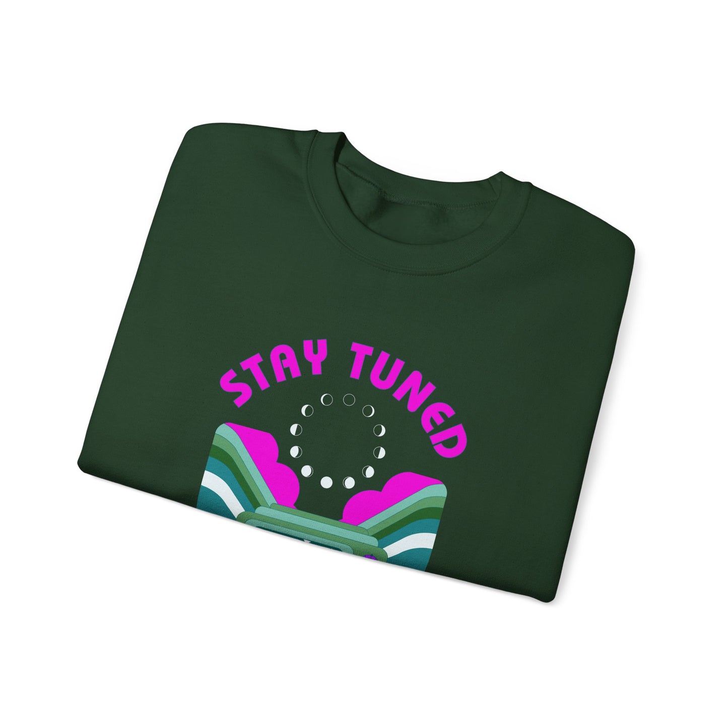 Stay Tuned Moon Phase Retro Sweatshirt - Dayglow Celestial Crewneck