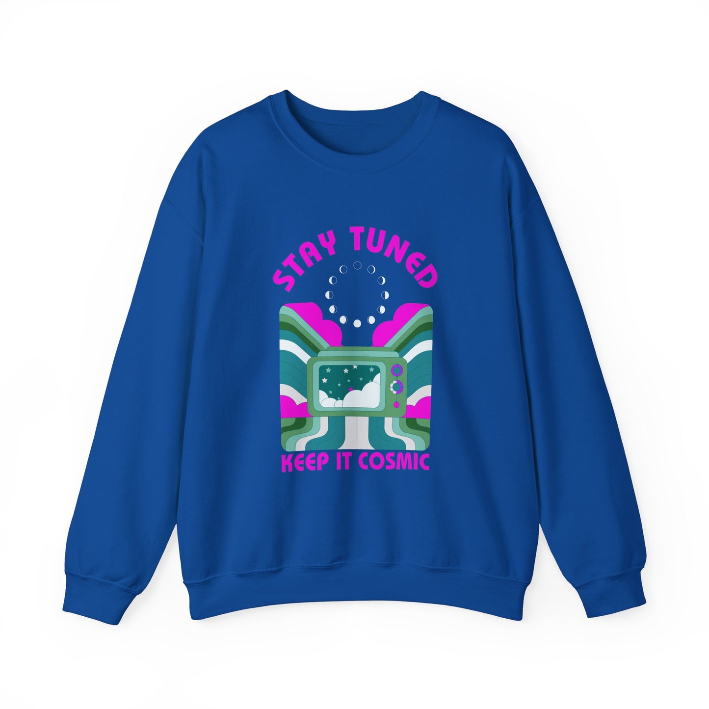 Stay Tuned Moon Phase Retro Sweatshirt - Dayglow Celestial Crewneck