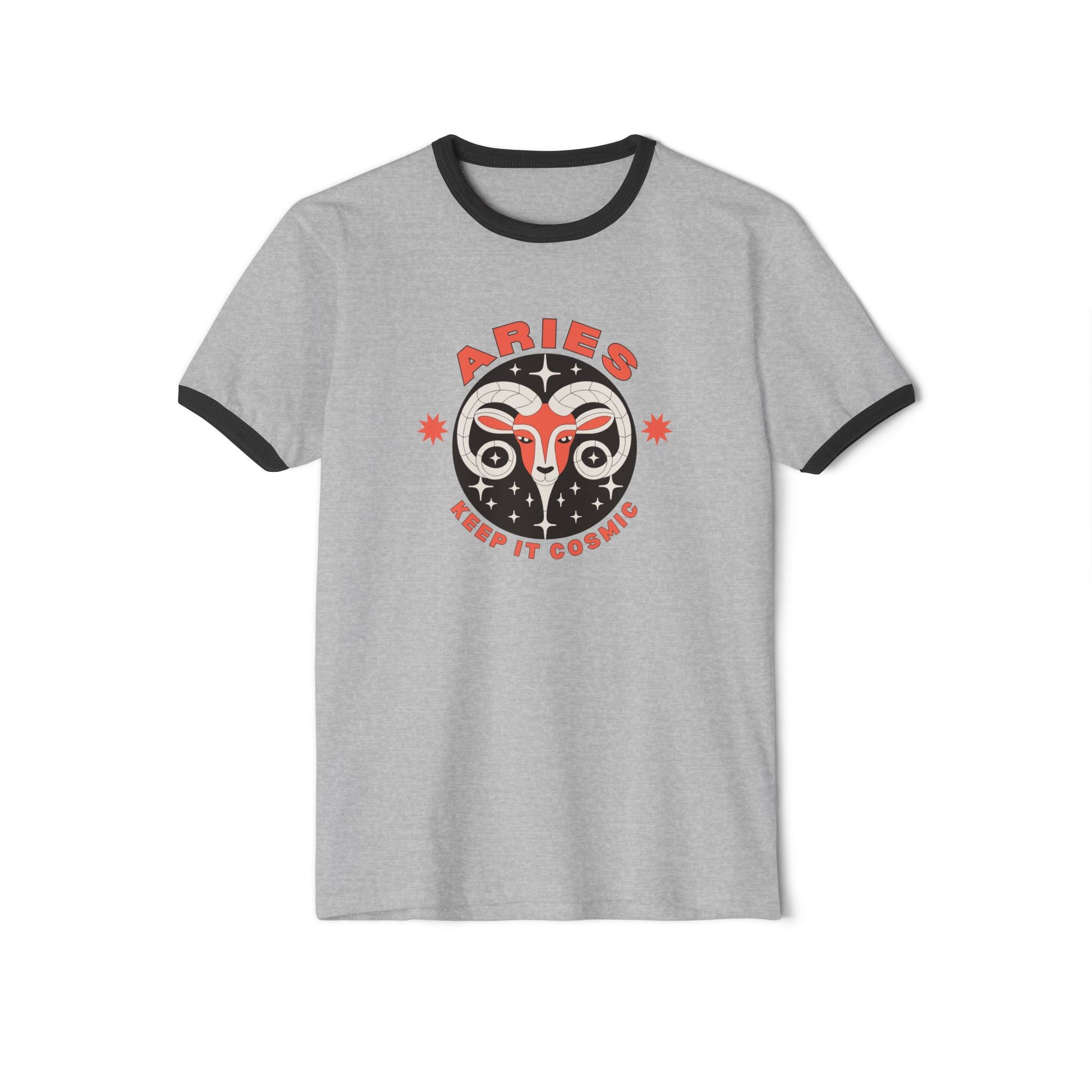 Aries Retro Ringer tee featuring a retro aries zodiac sign design on a gray t-shirt