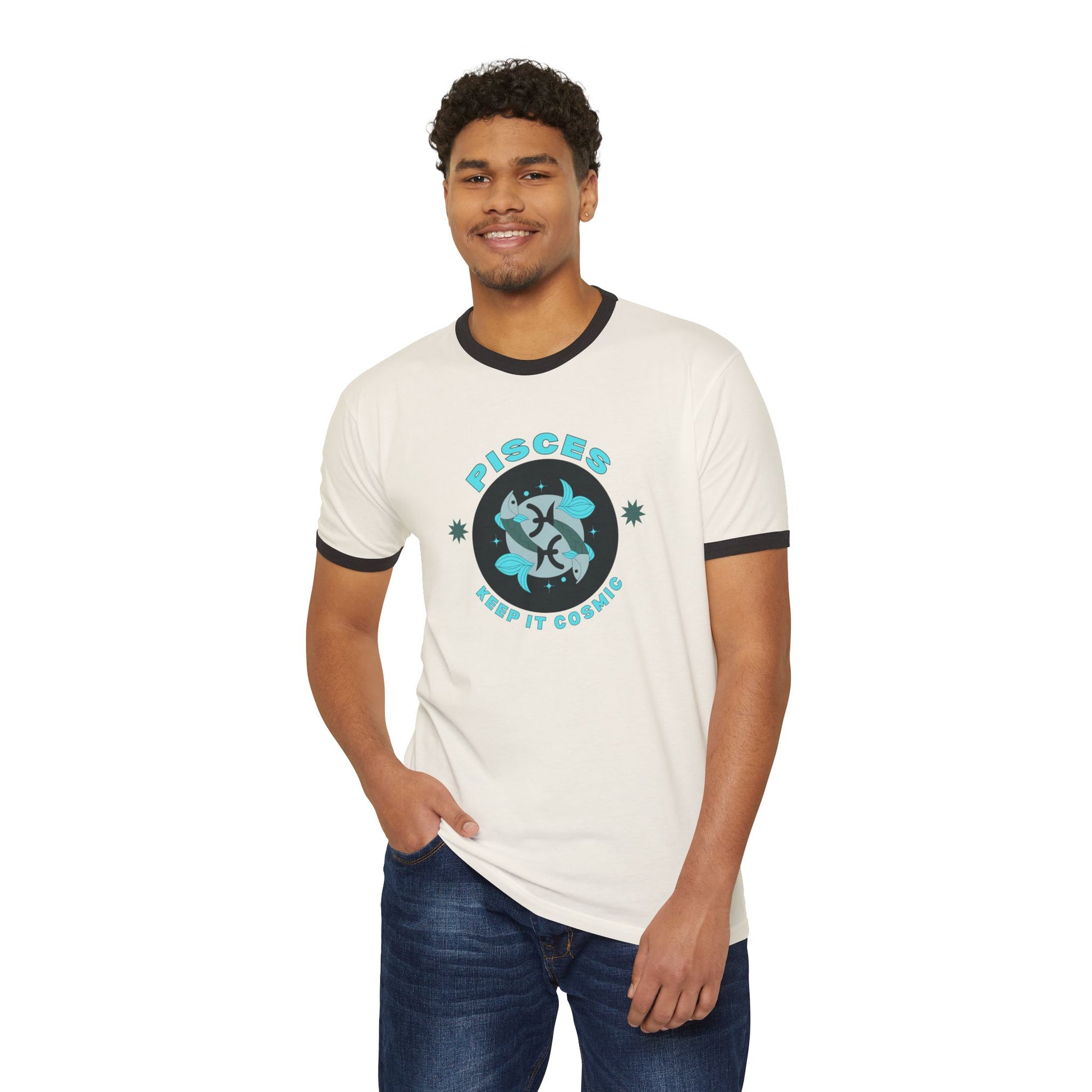 Keep it Cosmic Retro Ringer Tee — Pisces Zodiac | Model 2