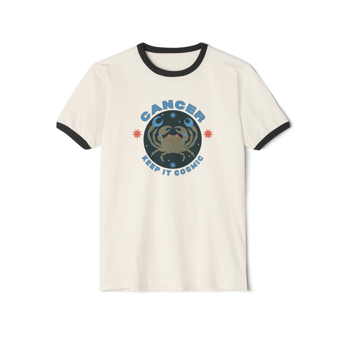 Keep it Cosmic Retro Ringer Tee — Cancer Zodiac | Front Flat Lay