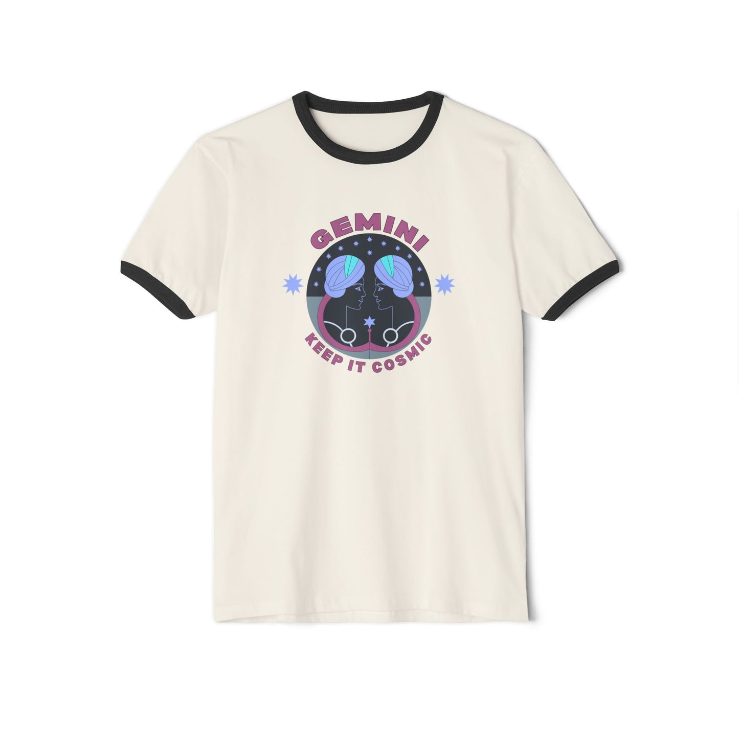 Keep it Cosmic Retro Ringer Tee — Gemini Zodiac | Front Flat Lay
