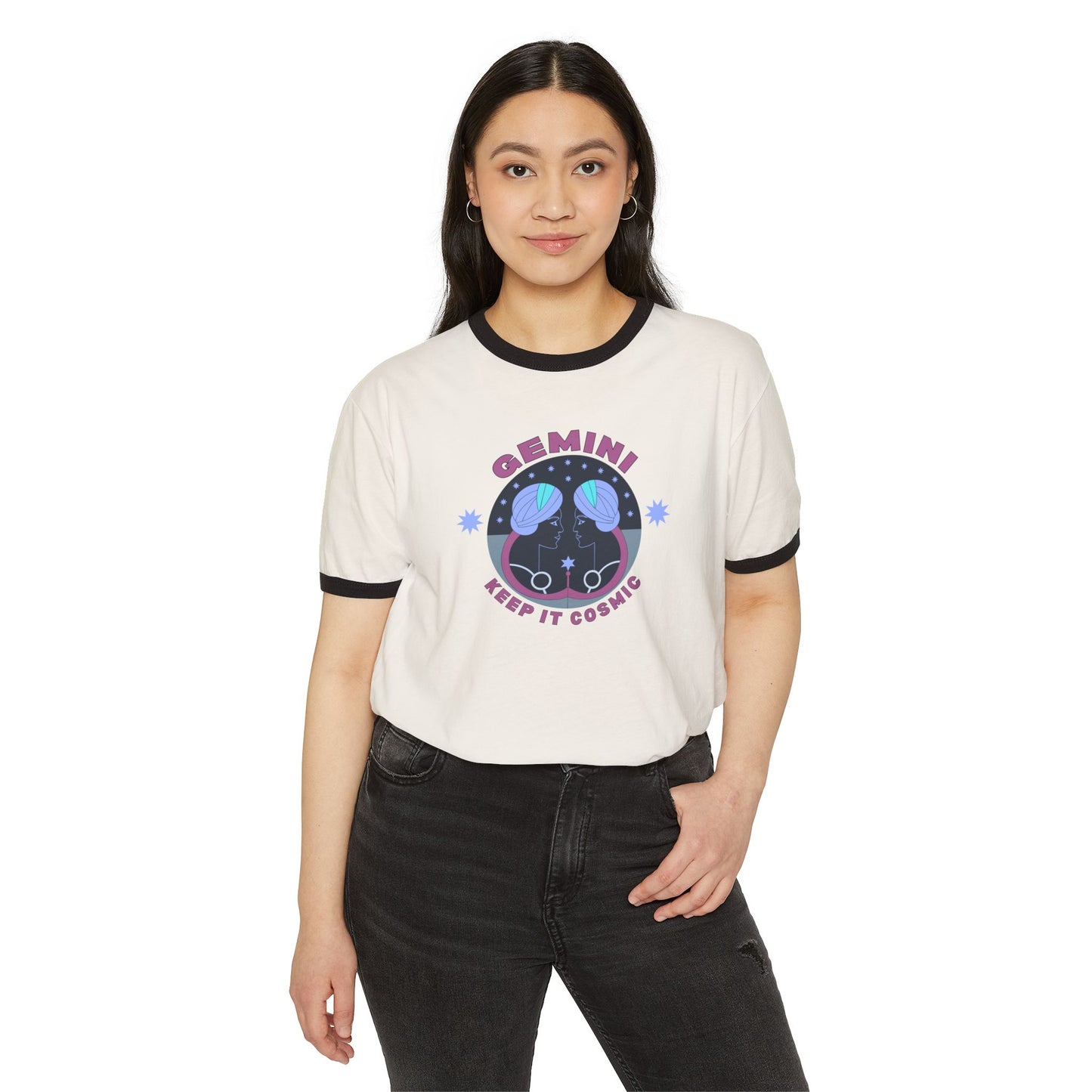 Keep it Cosmic Retro Ringer Tee — Gemini Zodiac | Model 1