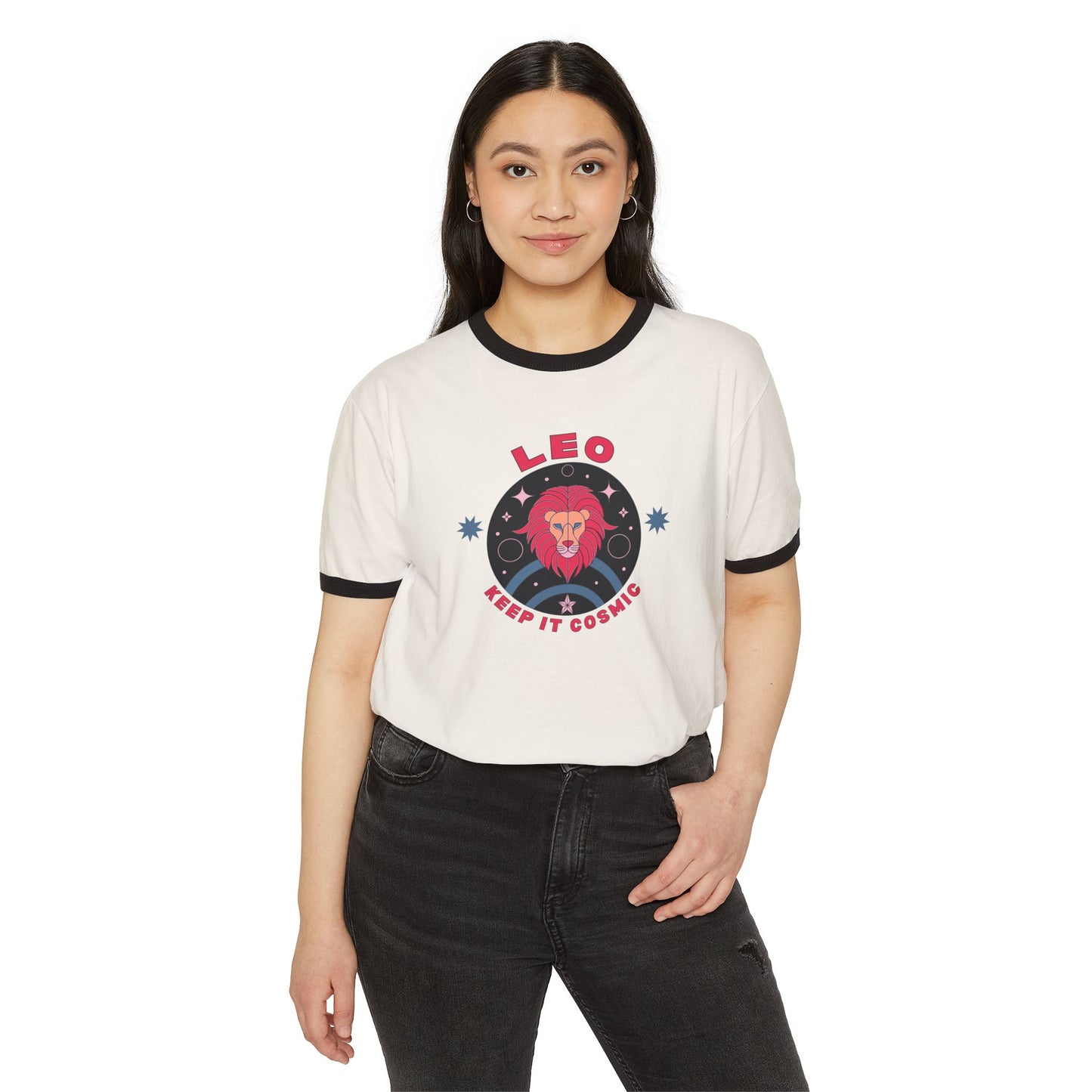 Keep it Cosmic Retro Ringer Tee — Leo Zodiac | Model 1