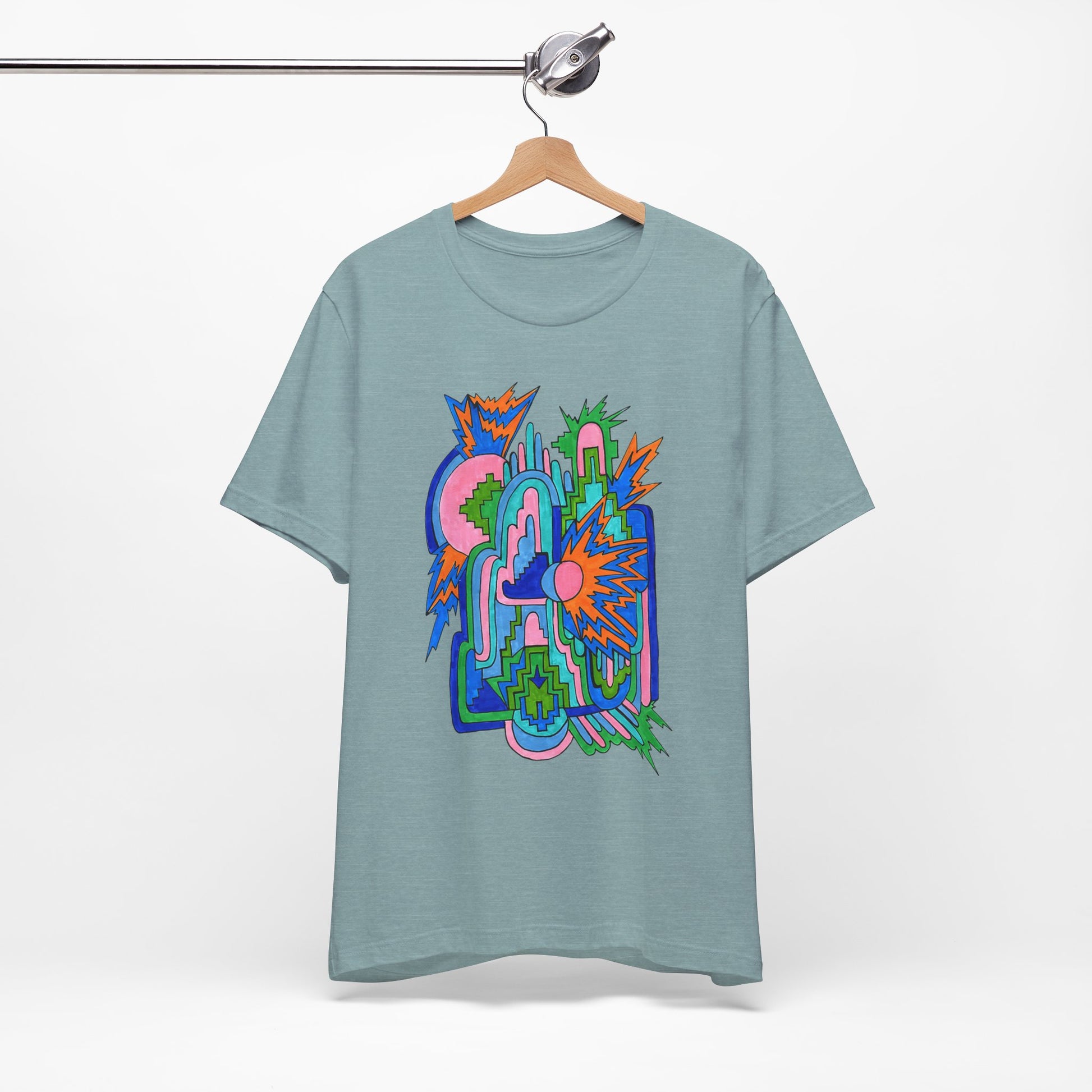 Cosmic Pulse Moon Drop Tee in Heather Blue Lagoon — Mystic Quarterly unisex t-shirt featuring intuitive lunar art print design