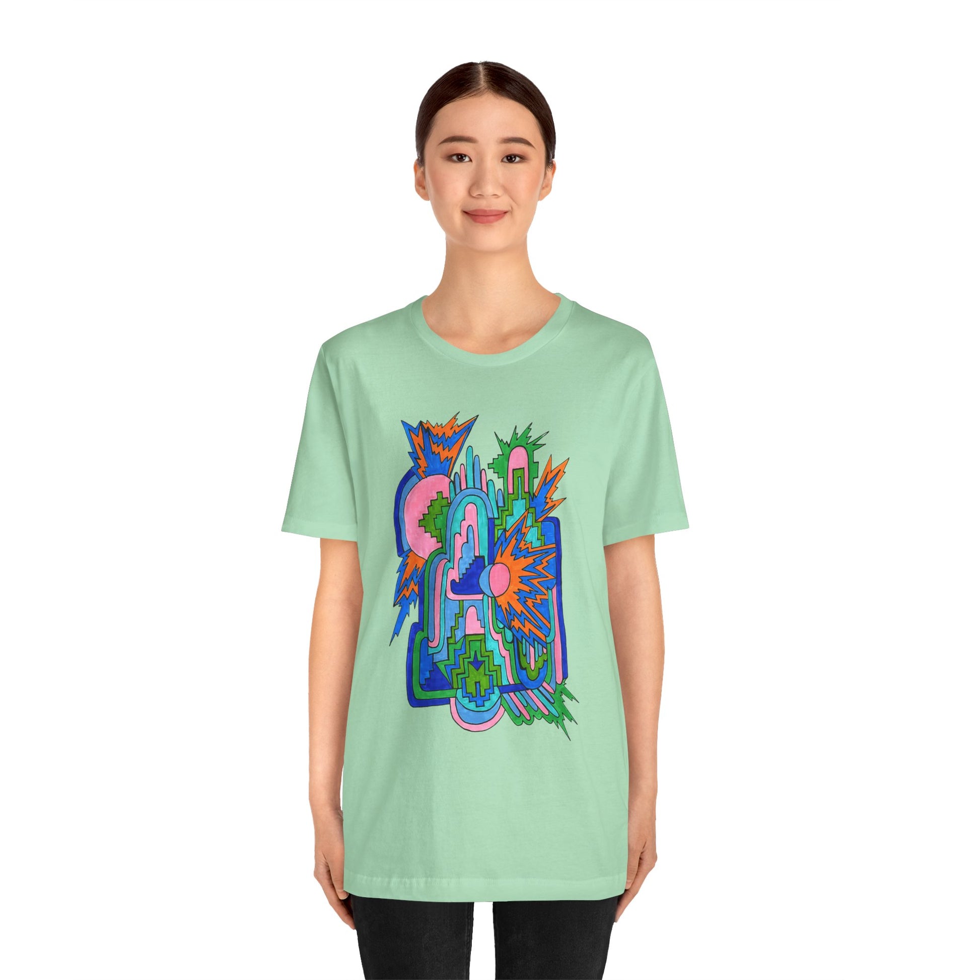 Cosmic Pulse Moon Drop Tee in Mint — Mystic Quarterly unisex t-shirt featuring intuitive lunar art print design