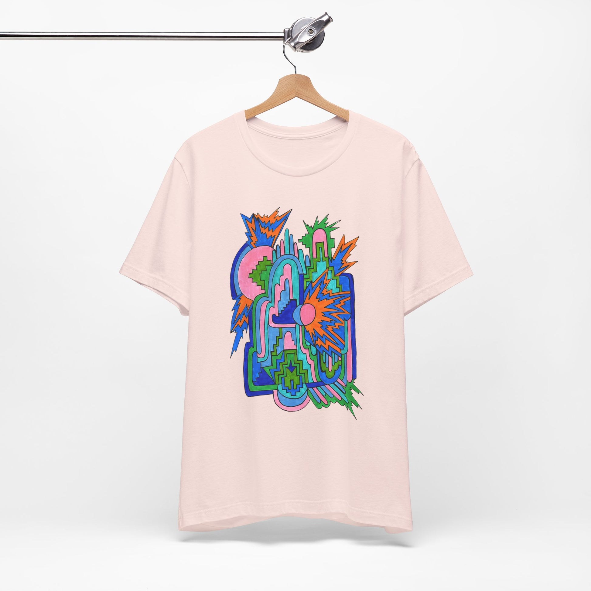 Cosmic Pulse Moon Drop Tee in Soft Pink — Mystic Quarterly unisex t-shirt featuring intuitive lunar art print design