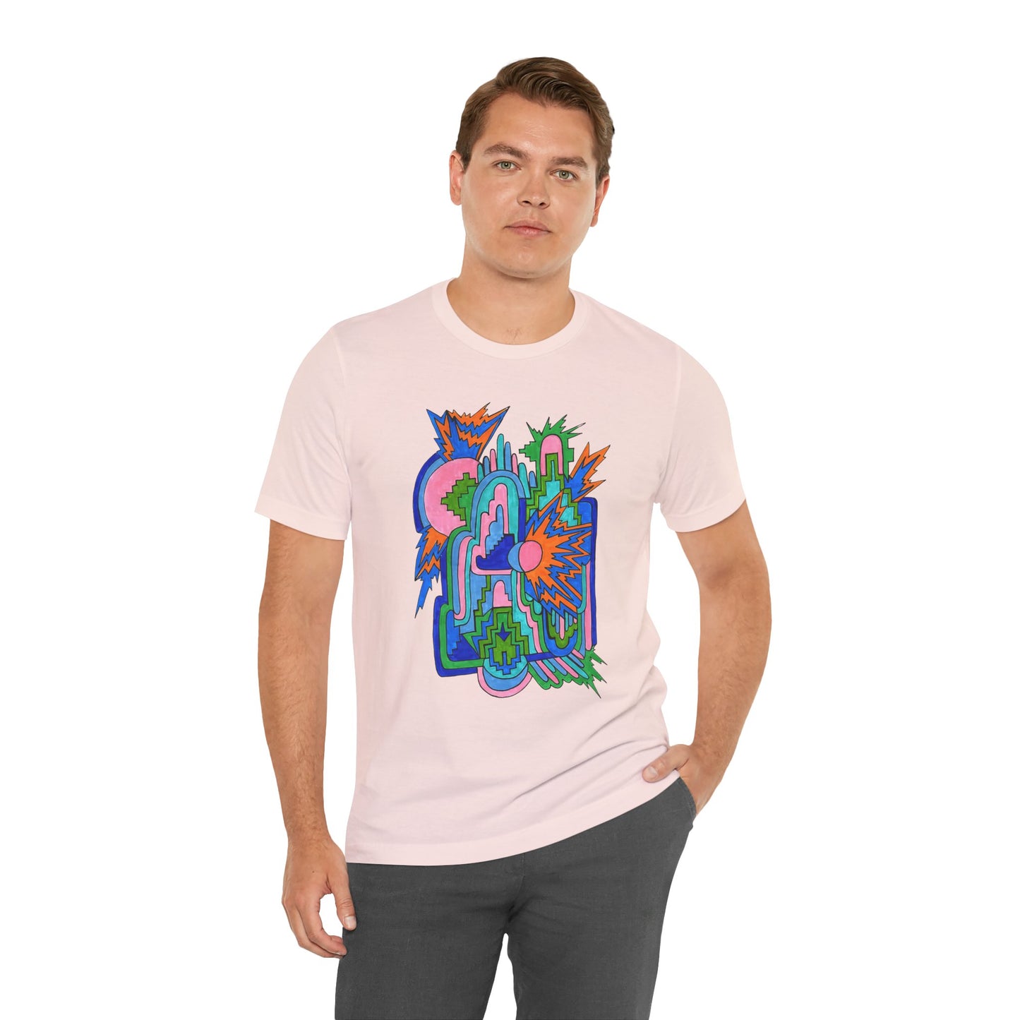 Cosmic Pulse Moon Drop Tee in Soft Pink — Mystic Quarterly unisex t-shirt featuring intuitive lunar art print design